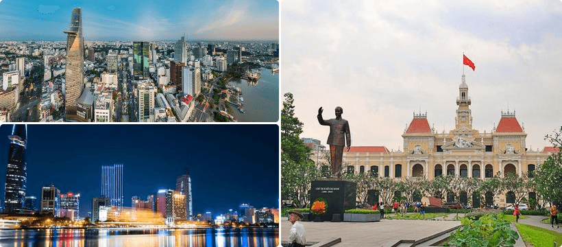 Ho Chi Minh City district map infographic: District 1, District 3, Binh Thanh, Phu Nhuan and Mekong Delta compared with transport routes and district highlights