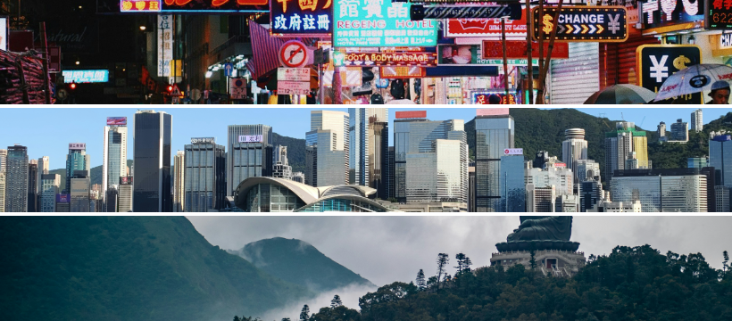 Hong Kong skyline from Victoria Peak — neon-lit harbour, skyscrapers and Star Ferry