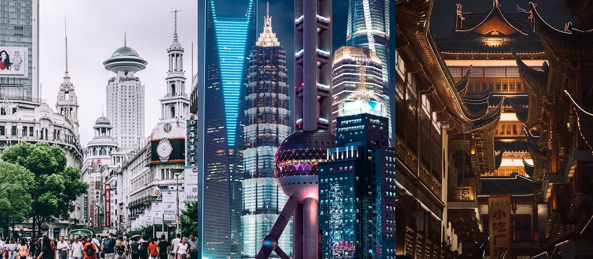 Shanghai skyline collage: Lujiazui skyscrapers, Oriental Pearl Tower and Longhua Pagoda